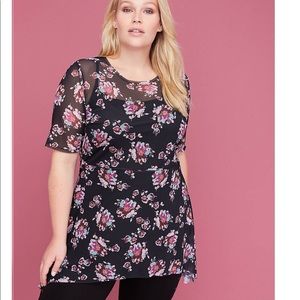 Printed mesh overlay peplum top